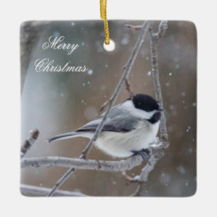 Chickadee in Winter Snow - Songbird Ceramic Tree Decoration
