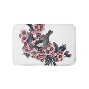 Chickadee on a blooming cherry branch bath mat