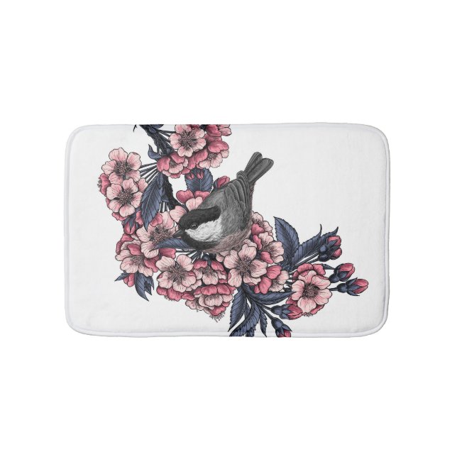 Chickadee on a blooming cherry branch bath mat (Front)