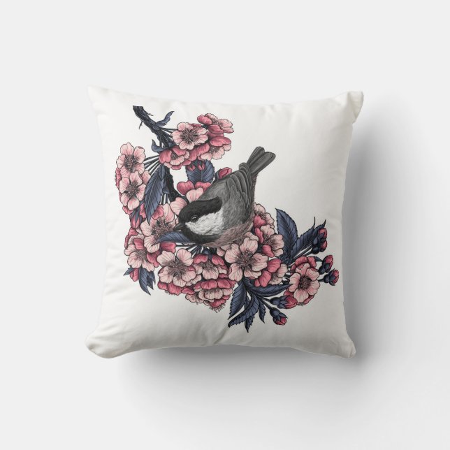 Chickadee on a blooming cherry branch cushion (Front)