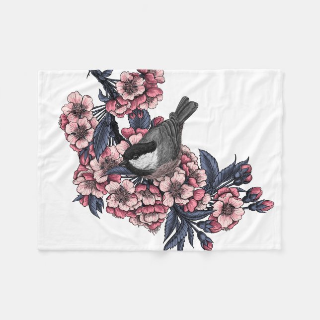 Chickadee on a blooming cherry branch fleece blanket (Front (Horizontal))