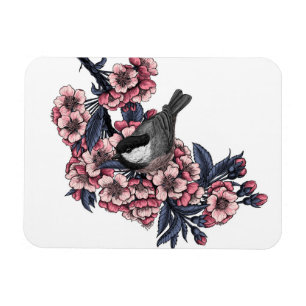 Chickadee on a blooming cherry branch magnet