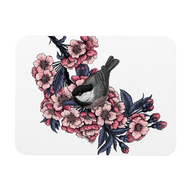 Chickadee on a blooming cherry branch magnet (Horizontal)