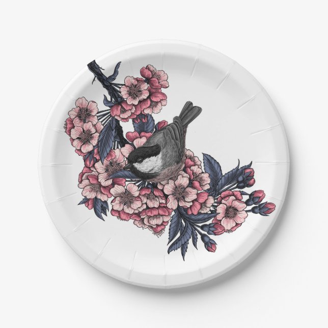 Chickadee on a blooming cherry branch paper plate (Front)