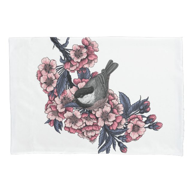 Chickadee on a blooming cherry branch pillowcase (Front)