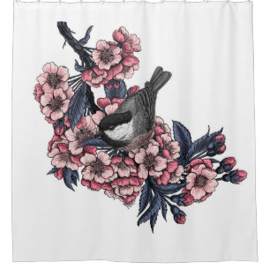 Chickadee on a blooming cherry branch shower curtain