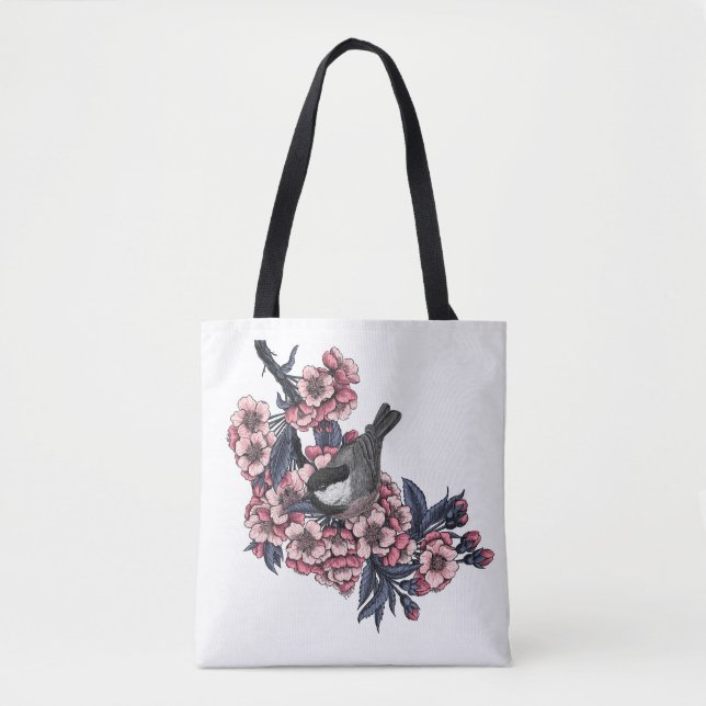 Chickadee on a blooming cherry branch tote bag (Front)