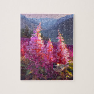 Chickadee on Alaskan Wildflowers With Mountains Jigsaw Puzzle