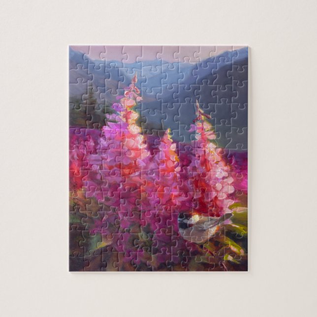 Chickadee on Alaskan Wildflowers With Mountains Jigsaw Puzzle (Vertical)