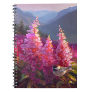 Chickadee on Alaskan Wildflowers With Mountains Notebook