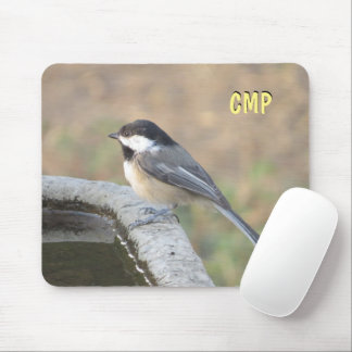 Chickadee on bird bath mouse pad
