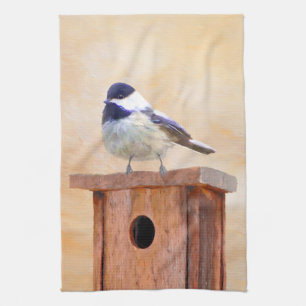 Chickadee on Birdhouse Painting - Original Bird Ar Tea Towel