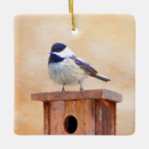 Chickadee on Birdhouse Painting Original Bird Art Ceramic Ornament