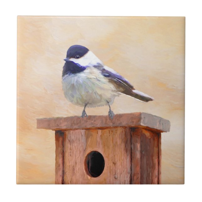 Chickadee on Birdhouse Painting Original Bird Art Ceramic Tile (Front)