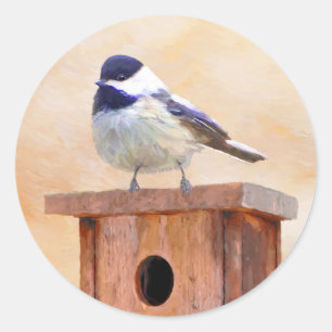 Chickadee on Birdhouse Painting Original Bird Art Classic Round Sticker