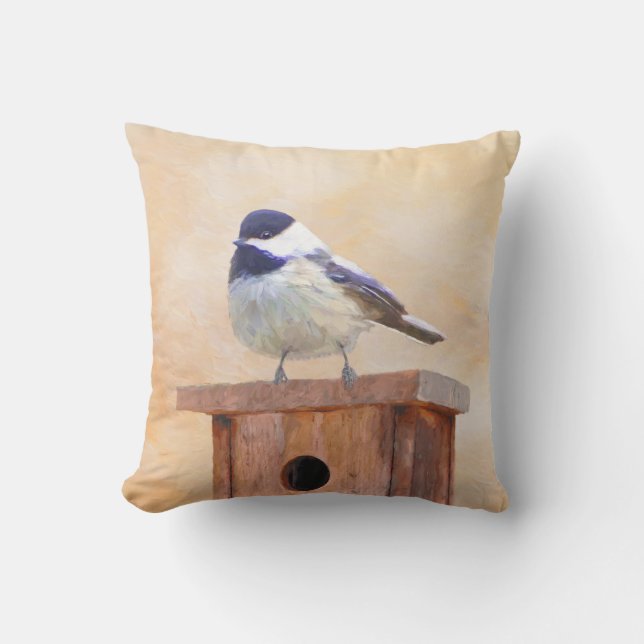 Chickadee on Birdhouse Painting Original Bird Art Cushion (Front)