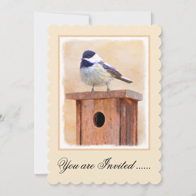 Chickadee on Birdhouse Painting Original Bird Art Invitation (Front)