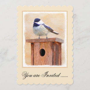 Chickadee on Birdhouse Painting Original Bird Art Invitation