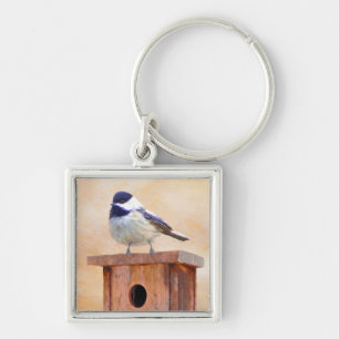 Chickadee on Birdhouse Painting Original Bird Art Key Ring