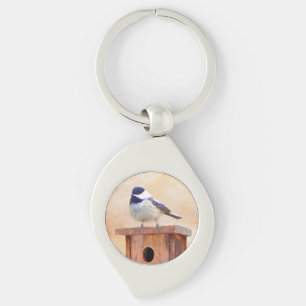 Chickadee on Birdhouse Painting Original Bird Art Key Ring
