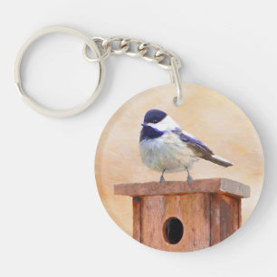 Chickadee on Birdhouse Painting Original Bird Art Key Ring