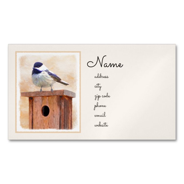 Chickadee on Birdhouse Painting Original Bird Art Magnetic Business Card (Front)