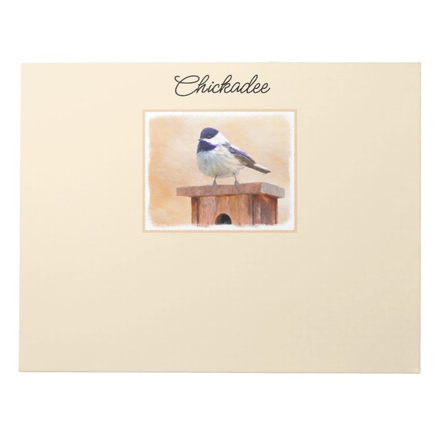 Chickadee on Birdhouse Painting Original Bird Art Notepad (Front)