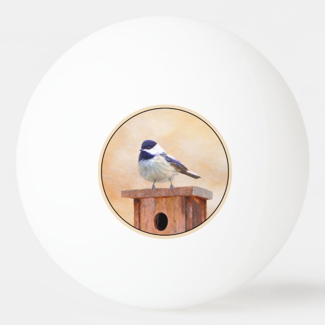 Chickadee on Birdhouse Painting Original Bird Art Ping Pong Ball (Front)