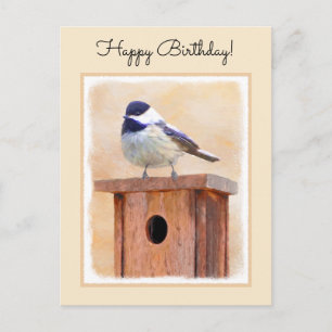 Chickadee on Birdhouse Painting Original Bird Art Postcard