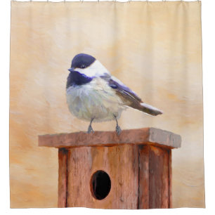 Chickadee on Birdhouse Painting Original Bird Art Shower Curtain