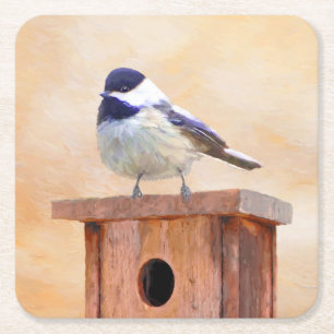 Chickadee on Birdhouse Painting Original Bird Art Square Paper Coaster