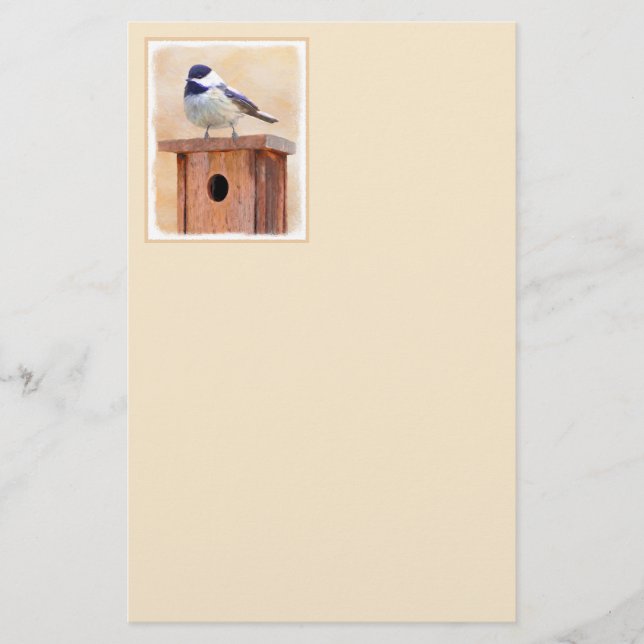Chickadee on Birdhouse Painting Original Bird Art Stationery (Front)