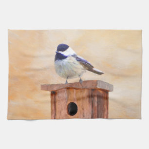 Chickadee on Birdhouse Painting Original Bird Art Tea Towel