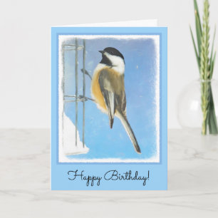 Chickadee on Feeder Painting - Original Bird Art Card