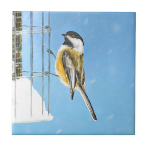 Chickadee on Feeder Painting - Original Bird Art Ceramic Tile