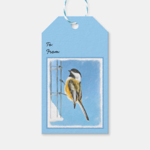 Chickadee on Feeder Painting - Original Bird Art Gift Tags