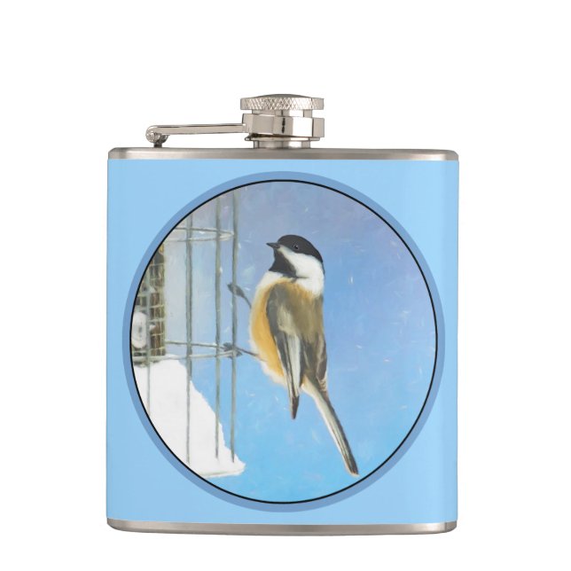 Chickadee on Feeder Painting - Original Bird Art Hip Flask (Front)