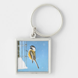Chickadee on Feeder Painting - Original Bird Art Key Ring