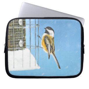 Chickadee on Feeder Painting - Original Bird Art Laptop Sleeve