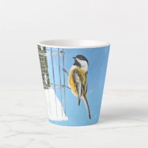 Chickadee on Feeder Painting - Original Bird Art Latte Mug