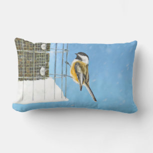 Chickadee on Feeder Painting - Original Bird Art Lumbar Cushion