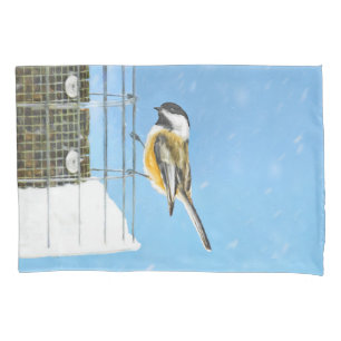 Chickadee on Feeder Painting - Original Bird Art Pillowcase