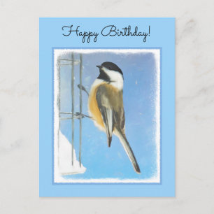 Chickadee on Feeder Painting - Original Bird Art Postcard