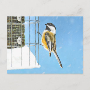 Chickadee on Feeder Painting - Original Bird Art Postcard