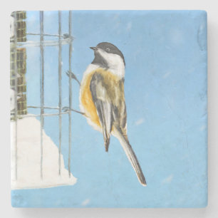 Chickadee on Feeder Painting - Original Bird Art Stone Coaster