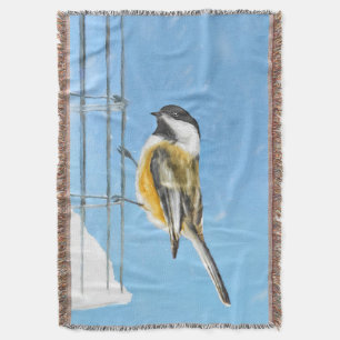 Chickadee on Feeder Painting - Original Bird Art Throw Blanket