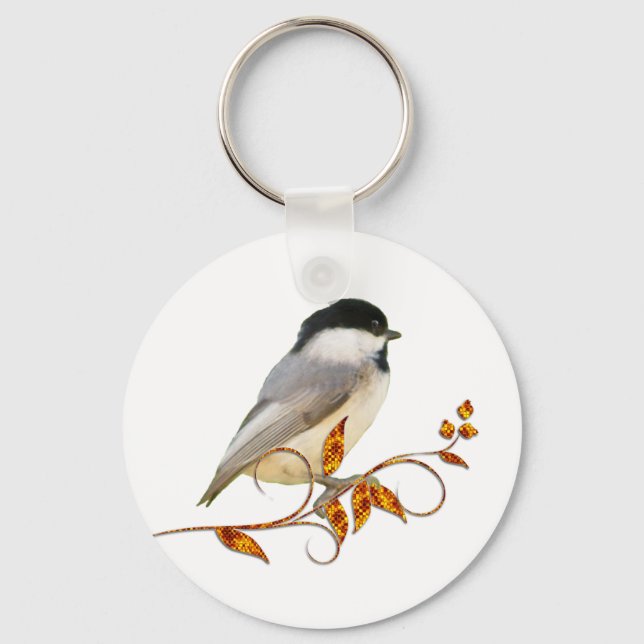 Chickadee on Jewelled Leaves Key Ring (Front)