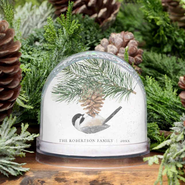 Chickadee on Pine Sprig Christmas Family Snowglobe (Winter)
