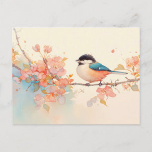 Chickadee on Pink Spring Blossom Branch Postcard