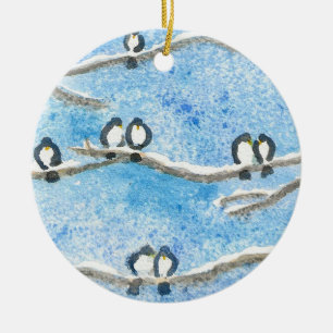 Chickadee on Tree Branches in Winter Snow Gift Ta Ceramic Ornament